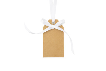 Gift tag with white bow isolated on white