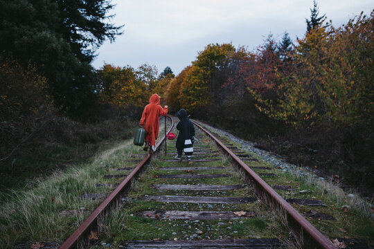 Kids dressed up like fox and raccoon walking on train tracks