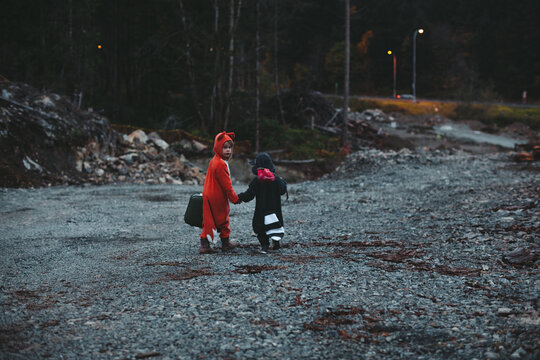 Kids dressed up like fox and raccoon walking away from destroyed home