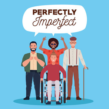 perfectly imperfect people group characters with lettering in speech bubble