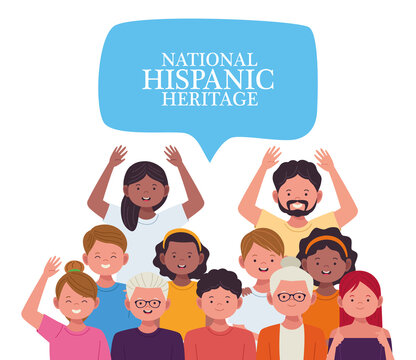 national hispanic heritage celebration with people and lettering in speech bubble