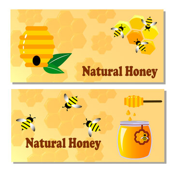 Natural honey flyer. Jar of honey, beehive and honey. Vector illustration on a colored background. Flyer for shops, markets, decorative use.