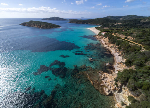 Aerial view of south Sardinian coast, Tuerredda beach