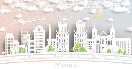 Minsk Belarus City Skyline in Paper Cut Style with Snowflakes, Moon and Neon Garland.
