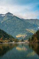 The mountain and lake landscape in autumn time, in Dagu glacier National Park, in Sichuan, China.