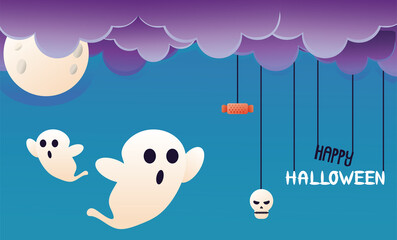 halloween ghosts with clouds and moon scene