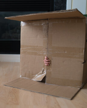 hand on the flap of a cardboard box, child hiding inside