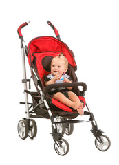 Cute little baby in stroller on white background