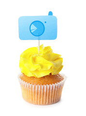 Tasty cupcake with stylish topper on white background