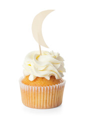 Tasty cupcake with stylish topper on white background