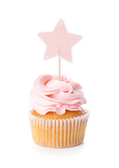 Tasty cupcake with stylish topper on white background