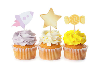 Tasty cupcakes with stylish toppers on white background