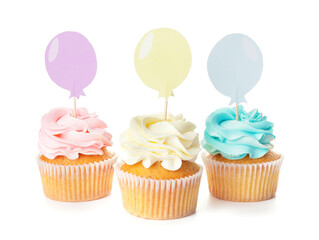 Tasty cupcakes with stylish toppers on white background