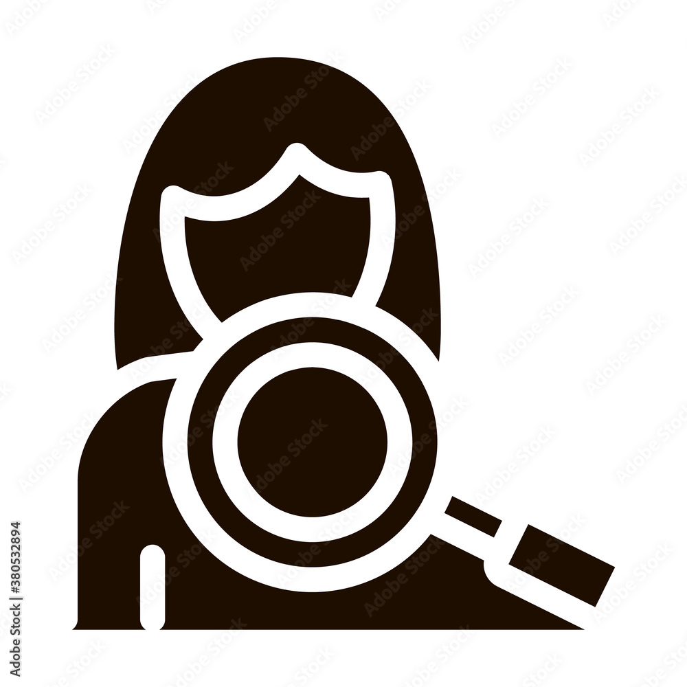 Poster Assessment On Symptomp Of Pregnancy glyph icon Sign. Magnifier And Character Woman Symptomp Of Pregnancy Pictogram. Characteristic Diagnosis Of Future Mother Monochrome Illustration