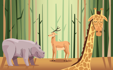 wild hippopotamus and reindeer with giraffe in the forest scene