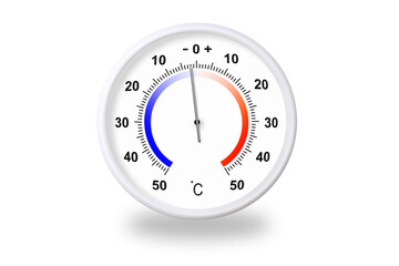 Outdoor thermometer on white background. Ambient temperature minus 2 degrees celsius