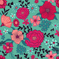 Red Wildflower Illustration Seamless Pattern