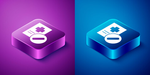 Isometric Medical prescription icon isolated on blue and purple background. Rx form. Recipe medical. Pharmacy or medicine symbol. Square button. Vector Illustration.