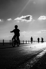 silhouette shot of people making sport walking and running in coastline 
