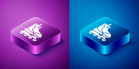 Isometric Roller skate icon isolated on blue and purple background. Square button. Vector Illustration.