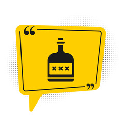 Black Alcohol drink Rum bottle icon isolated on white background. Yellow speech bubble symbol. Vector Illustration.