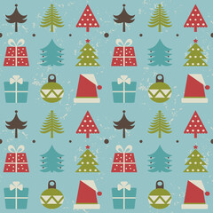 Seamless Christmas pattern with trees, toys, gifts and caps.