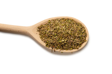 Oregano spice in wooden spoon isolated.