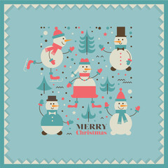 A set of Christmas symbols: funny snowmen and Christmas trees.