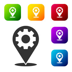 Black Location with gear icon isolated on white background. Set icons in color square buttons. Vector Illustration.