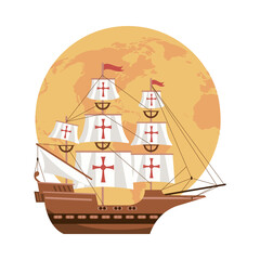 world earth map and caravel sailboat