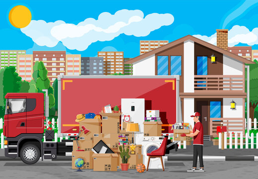 Moving to new house. Family relocated to new home. Male mover, paper cardboard boxes near house facade. Package for transportation. Delivery truck full of goods. Vector illustration in flat style