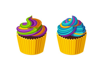 Cupcakes with swirled rainbow icing. Tasty muffins with colorful cream. Vector illustration in cute cartoon style