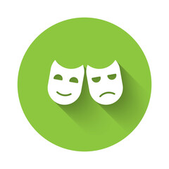 White Comedy and tragedy theatrical masks icon isolated with long shadow. Green circle button. Vector Illustration.
