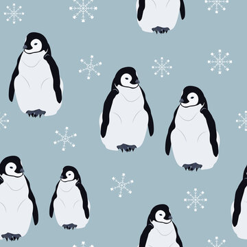 Seamless vector illustration with penguins and snowflakes.