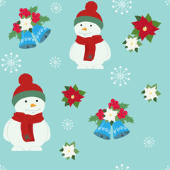 Seamless Christmas pattern. Snowman, poinsettia and bells