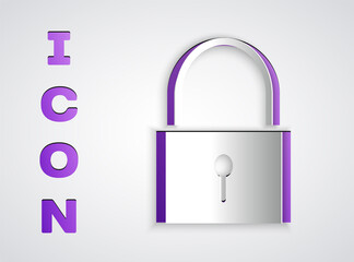 Paper cut Lock icon isolated on grey background. Padlock sign. Security, safety, protection, privacy concept. Paper art style. Vector Illustration.