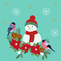Vector illustration of a New Year greeting card with a snowman, bullfinches and a garland