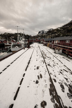 Nusfjord harbor in winter, Lofoten Islands. Norway