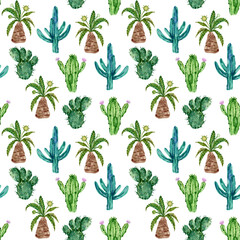 Watercolor hand drawn illustration with cactus and succulents  Green house botanical plants illustrations seamless pattern