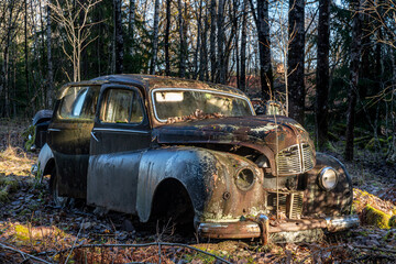 Old English car from the forties, abandoned on the Swedish countryside