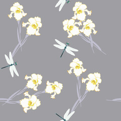 Seamless vector illustration with flowers of iris and dragonflies