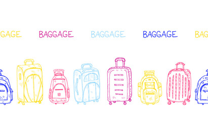 Illustration with cute hand drawn baggage icons. Different types of travel bags. Vector collection