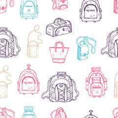 Seamless pattern with cute hand drawn baggage icons. Different types of travel bags. Vector collection