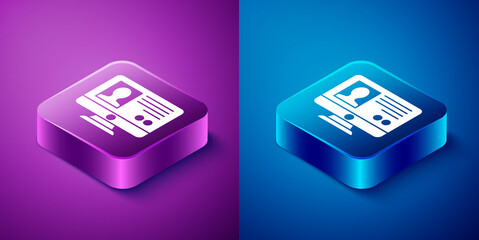 Isometric Create account screen icon isolated on blue and purple background. Square button. Vector.