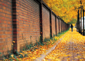 stone wall by the sidewalk in autumn