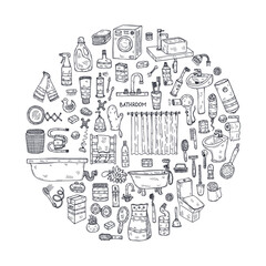 Naklejka premium Round composition with cute hand drawn bathroom icons. Vector doodle collection