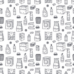 Seamless pattern with cute hand drawn laundry icons. Vector collection