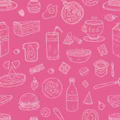 Seamless pattern with cute hand drawn breakfast icons. Doodle vector collection. Food illustration
