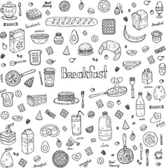 Big set with cute hand drawn breakfast icons. Doodle vector collection. Food illustration