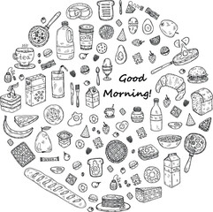 Round composition with cute hand drawn breakfast icons. Doodle vector collection. Food illustration